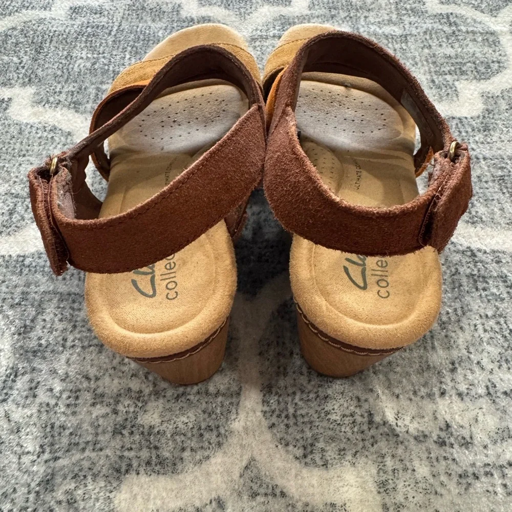 Clarks Brown and Orange Suede Wedge Sandals